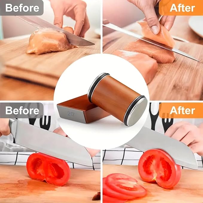 Rolling Knife Sharpener Kit - Compact Wooden Sharpener with 15° & 20° Magnetic Angle | Diamond Disc Knife Honing Tool | Professional Kitchen Use | Safe Sharpening for Home Cooking