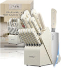 TIVOLI Knife Block Set, 15 PCS Kitchen Knife Set with Block & Sharpener Steel & Kitchen Scissor, High Carbon Stainless Steel Cutlery Knife Set, Ergonomic Wood Handle, Gifts For Cooks, Cream White