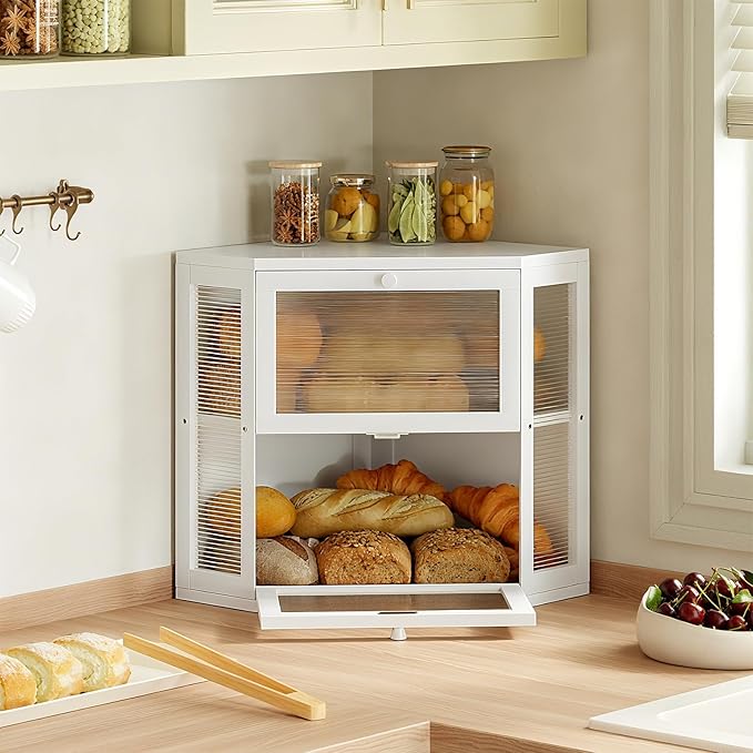 WOWLIVE Corner Bread Box for Kitchen Countertop, Double Layer Bamboo Bread Storage Container, Large Farmhouse Bread box with Acrylic Wavy Door Panel, Under Cabinet Organizer (White, Medium)