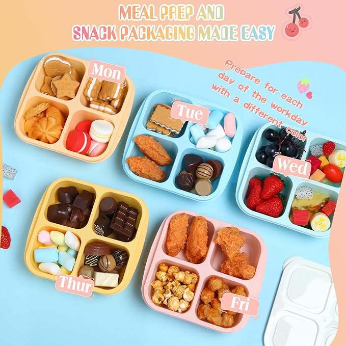 Honeydak 5 Pack Snack Containers 4 Compartment Bento Snack Boxes Reusable Lunchable Containers with Lids Divided Meal Prep Lunch Food Storage Box for School Work Travel(Candy Color,Equal)