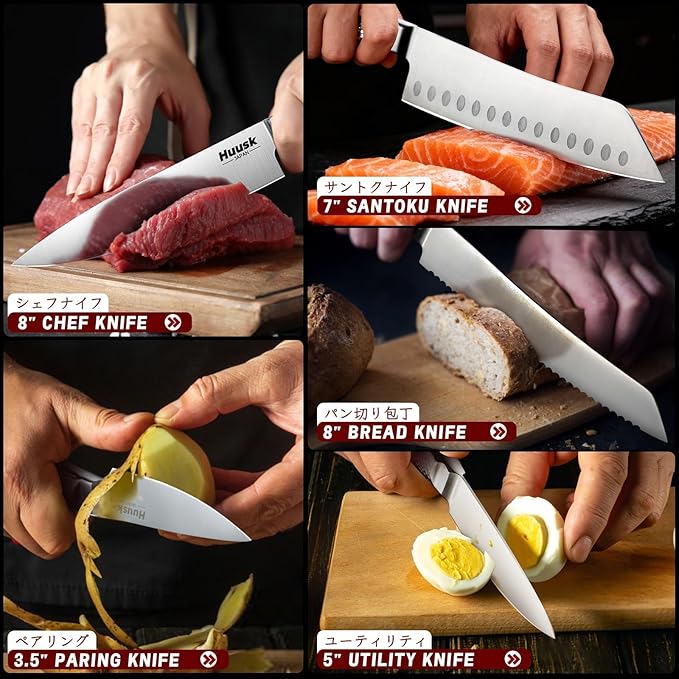 Huusk Kitchen Knife Set with Block & Built-in Sharpener - 15pcs Japanese Stainless Steel Knife Block Set, Dishwasher Safe, Sharp Professional Chef Sets for Kitchen, Home-warming Christmas Gift for Men