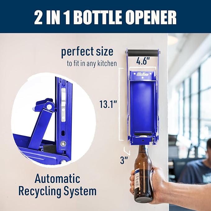 Mckay 16 Oz. and 12 Oz. Metal Can Crusher Auto Recycling, Heavy-Duty Can Crusher Wall Mounted, Can Smasher for Aluminum Seltzer, Soda, Beer Cans and Bottles for Recycling (Auto) Blue