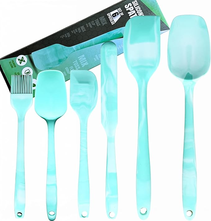 Premium Silicone Marbled Spatula Set of 6 – 446°F Heat-Resistant One-Piece Steel Core, Non-Stick Kitchen Tools for Baking, Cooking & Mixing – Dishwasher Safe (Green)