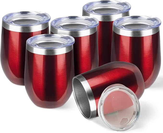 StarSpeed 12oz/6 Pack Wine Tumbler with lid, Stainless Steel Travel Mugs Stemless Double Wall Insulated Coffee Cup, Insulated Wine Glasses Travel Tumbler for Cold & Hot Drinks(Transparent Red, 6)