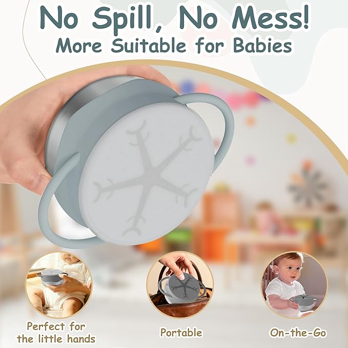 2 Pack 3-in-1 Stainless Steel Snack Containers for Toddlers with Spill-Proof Silicone Lids & Dual Handles - Baby Snack Box, Toddler Snack Cups, Perfect for Healthy Eating (Dark Grey+Light Grey)