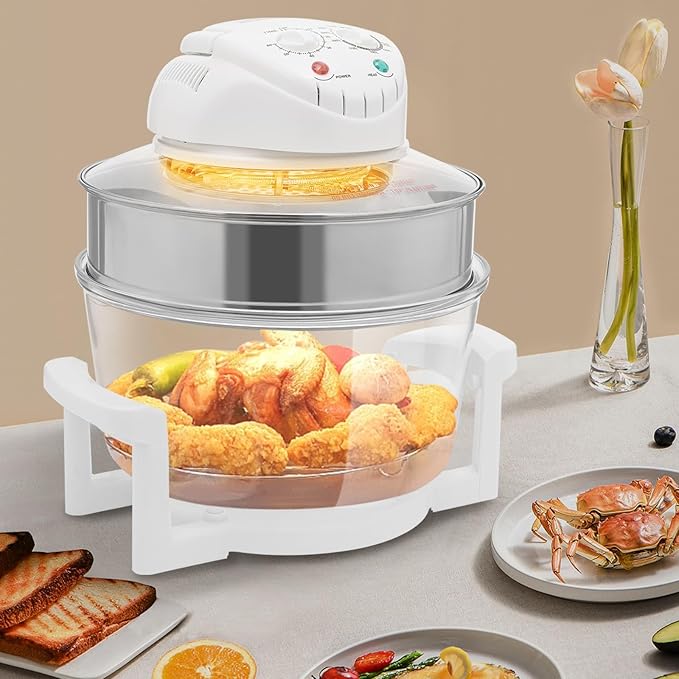 17L/17.96Qt Turbo Electric Glass Air Fryer w/ 2 Grill, Electric Turbo Convection Oven Roaste, 360° Viewable Airy Fryer with Expansion Ring, Multifunction Oilless Halogen Oven