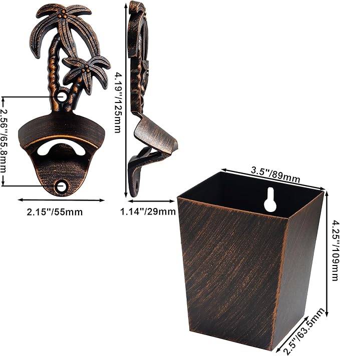 Vintage Wall Mount Bottle Opener Palm Tree Beer Top Opener with Cap Catcher Outdoor for Beach Theme Gifts (Aged Copper)
