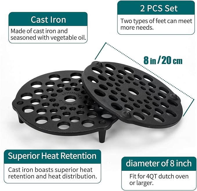 Cast Iron Trivet 2 PCS Set, 8-inch, Meat Rack, Cast Iron Grate for Dutch Ovens, Raise Food in Dutch Oven, Used as Burner Diffuser, Use Directly on Camp Fire, Used as Trivet on Table