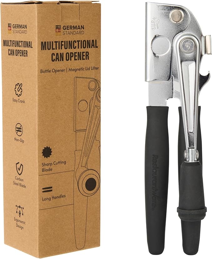 Restaurantware Stainless Steel Magnetic Manual Can Opener - German Standard Black Crank Can Opener with Magnet, Ergonomic Handle, Non-Slip - Heavy-Duty Hand Can Opener, Easy Turn, Sharp Blade