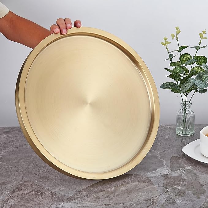 Stainless Steel Round Bar Serving Tray 12.5",Double Wall,Ideal Coffee Table, Decorative,Rotisserie Plate, Tea and Bathroom Serving,Gold