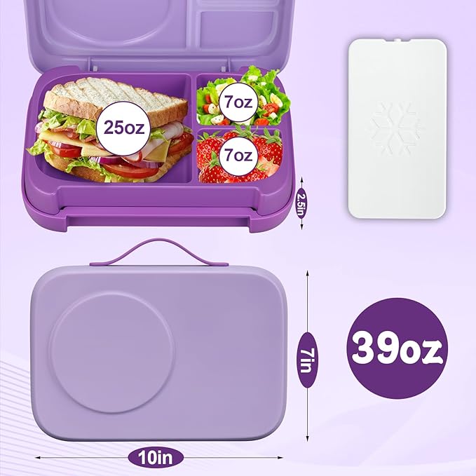 MAISON HUIS Chill Bento Lunch Box for Kids Adult with Ice Pack 3 Compartments Leakproof Lunch Containers Keep Food Cold for Girl Boy School