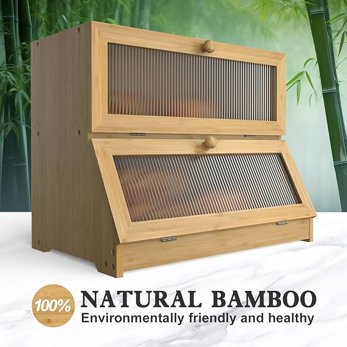 Bread Box for Kitchen Countertop: 2-Tier Bamboo Large Bread Storage Container,Wood Color