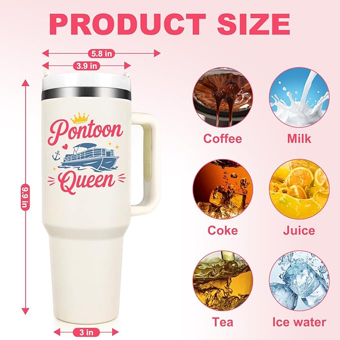 Gtmileo Pontoon Boat Gifts, Pontoon Queen Insulated Coffee Mug, Christmas Birthday Holiday Gift for Pontoon Owner Boat Lover Women (40-Oz, Beige)