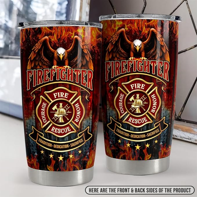 SANDJEST Firefighter Tumbler 20oz Stainless Steel Insulated Coffee Travel Mug Cup Firefighter Gifts for Men Firemen Gift for Birthday Christmas Fathers Day