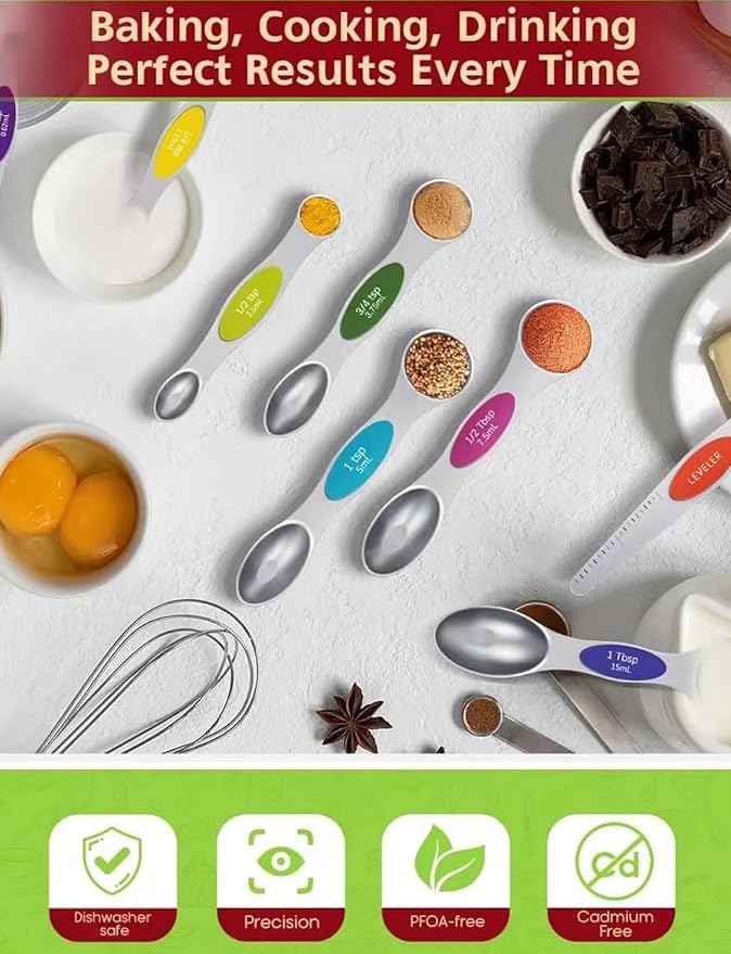 Magnetic Measuring Spoons Set Of 8, Heavy Duty 304 Stainless Steel Metal, Fits in Most Kitchen Spice Jars for Baking & Cooking, BPA Free,Measuring Dry & Liquid Ingredients (Light Colorful)