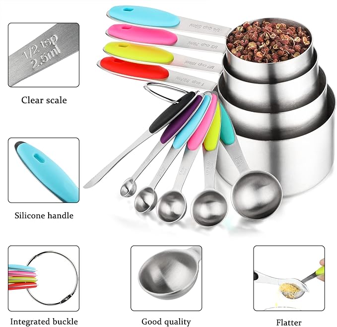 Measuring Cups and Spoons Set Stainless Steel Includes 4 Measuring Cups 5 Measuring Spoons and 1 Leveler for Dry or Liquid Ingredients (C4S6)