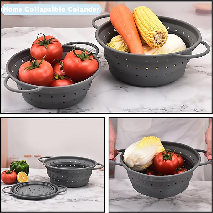 Silicone Collapsible Colander with Handle, Kitchen Colander for Easy Storage,Four-side Fast Draining Silicone Draining Basket, Perfect for Fruits Vegetables (Gray M)