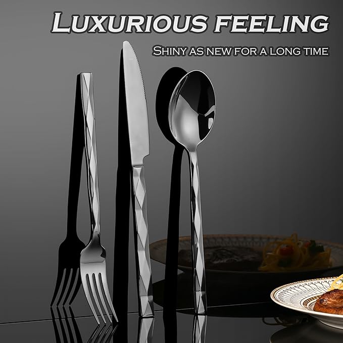 Black Silverware Set, Luxury 20-Piece Flatware Set for 4, Cutlery Set Stainless Steel, Diamond Cut Pattern, Home, Wedding & Party, 18/10 Stainless Steel Tablewaret & Dishwasher Safe Utensils.