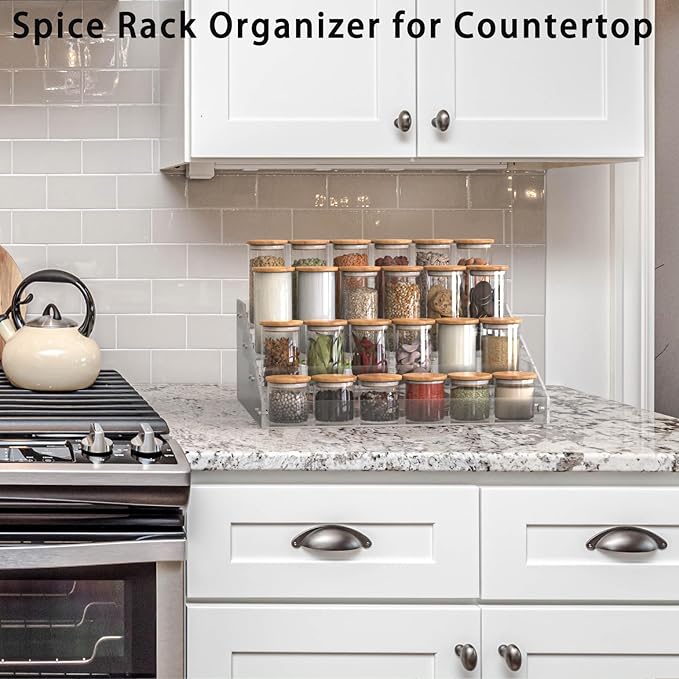 4 Step Acrylic Spice Rack Organizer for Cabinet, Transparent Display Riser Shelf Seasoning Organizer for Countertop Cupboard Pantry, Condiment Jar Kitchen Storage Holder Stylish Display Stand