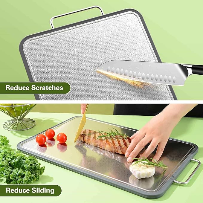 Double-Sided Stainless Steel Cutting Board for Kitchen, 16''×11'' Scratch-Resistant Cutting Board for Meat, Vegetables & Fruits, Rust-Resistant Chopping Board with Juice Groove on Both Sides