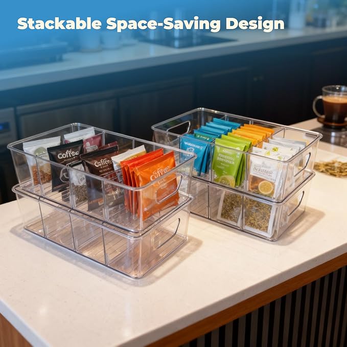 Stackable 4 Pack Pantry Storage Organizer Bins, Clear Plastic with 3 Removable Dividers, for Fridge, Snack, Organizer – BPA Free Perfect in Kitchen, Refrigerator