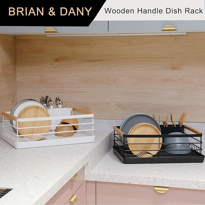 BRIAN & DANY Dish Drying Rack, Dish Racks for Kitchen Counter, Stainless Steel Dish Drainer with Removable Cutlery Holder & Drainboard, White