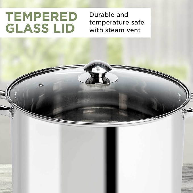 Ecolution Pure Intentions Stock Pot - Features Tempered Glass Lid, Stay-Cool Handles, and Encapsulated Bottom - Oven Safe - Curbside Recyclable Stainless Steel - 12 Quarts
