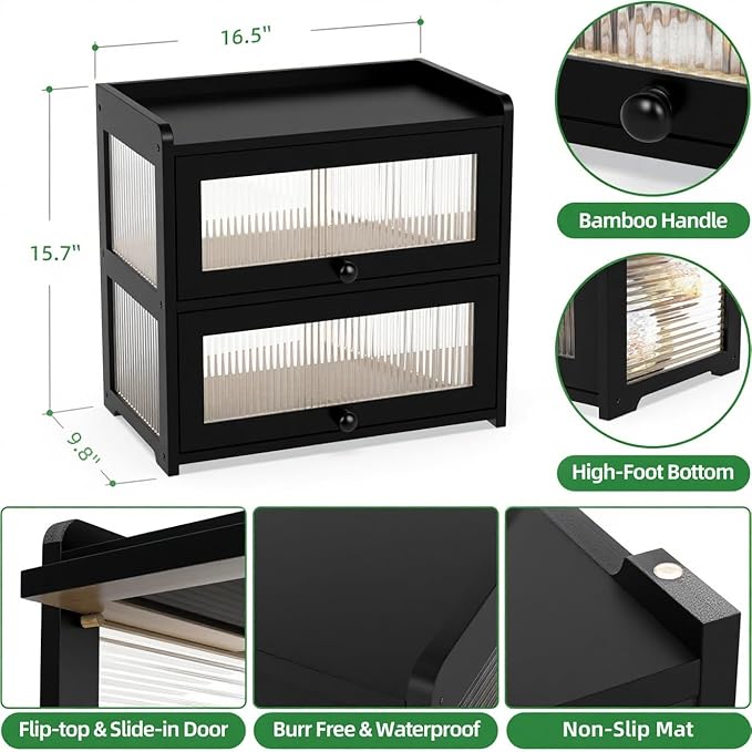 BAMBANG Extra Large Bamboo Bread Box for Kitchen Counter, Double Layer Bread Storage Container Farmhouse Bread Box with 4 Sides Transparency, Breadbox Bin Holder for Homemade Bread, Black