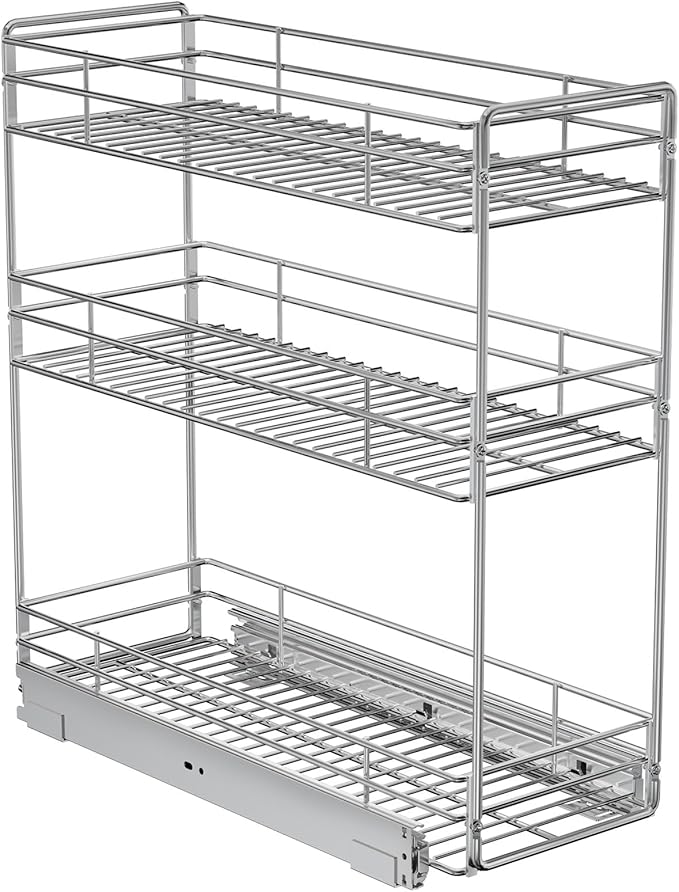 ROOMTEC Pull Out Spice Rack for Narrow Cabinet (5½" W X 20½" D),3 Tier Slide Out Cabinet Organizer and Pull Out Shelves Under Cabinet Storage for Kitchen, Chrome