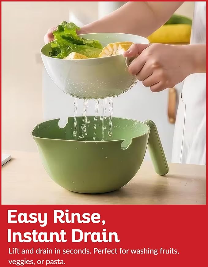 Multi Functional Draining Basket – Double Layer Colander & Bowl for, Fruits & Vegetables – Durable BPA-Free, Dishwasher Safe (Avocado Green)