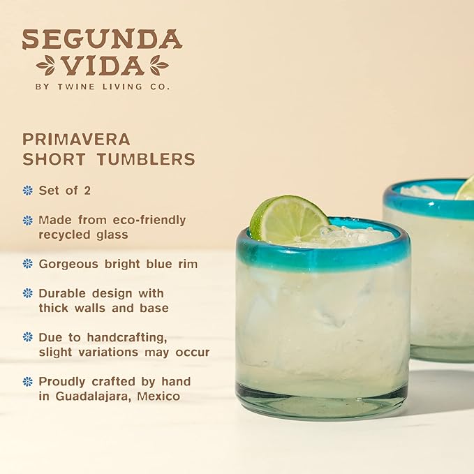 Segunda Vida Primavera Hand Blown Short Tumblers, Recycled Drinking Glasses with Blue Rim for Margarita, Tequila, Cocktails, Iced Drinks, Birthday Gifts for Women, Mexican Glassware, 12 oz, Set of 2