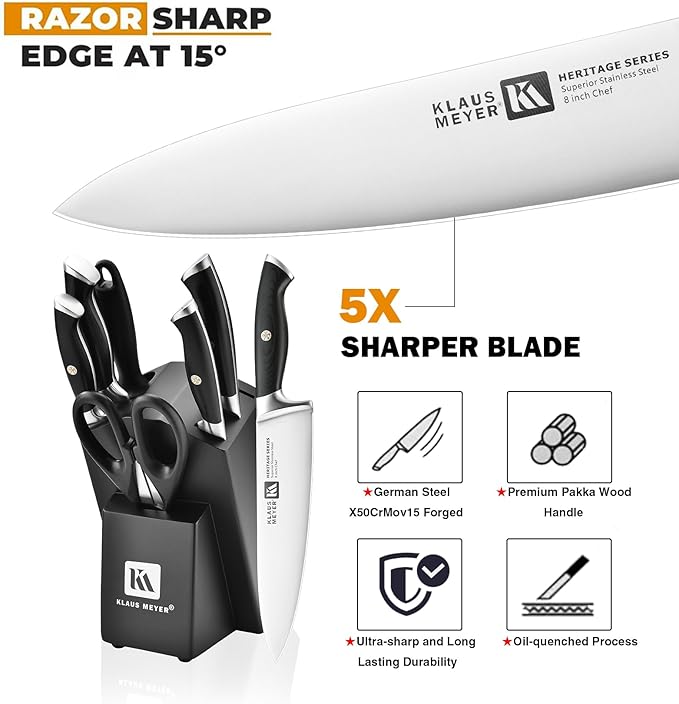 Klaus Meyer 8-Piece Kitchen Knife Set, German High Carbon Steel Pakka Wood Handle Chef Knife Set With Block, Ultra Sharp With Scissors, Sharpener Rod.
