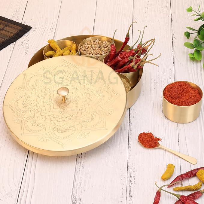 Brass Round Spice Box Masala Dabba-Spice Box Set With Spoon Container 90 ML Indian Masaladanni for Kitchen Counter 8 Inch With Spoon (Floral, 8 Inch (Medium Family)