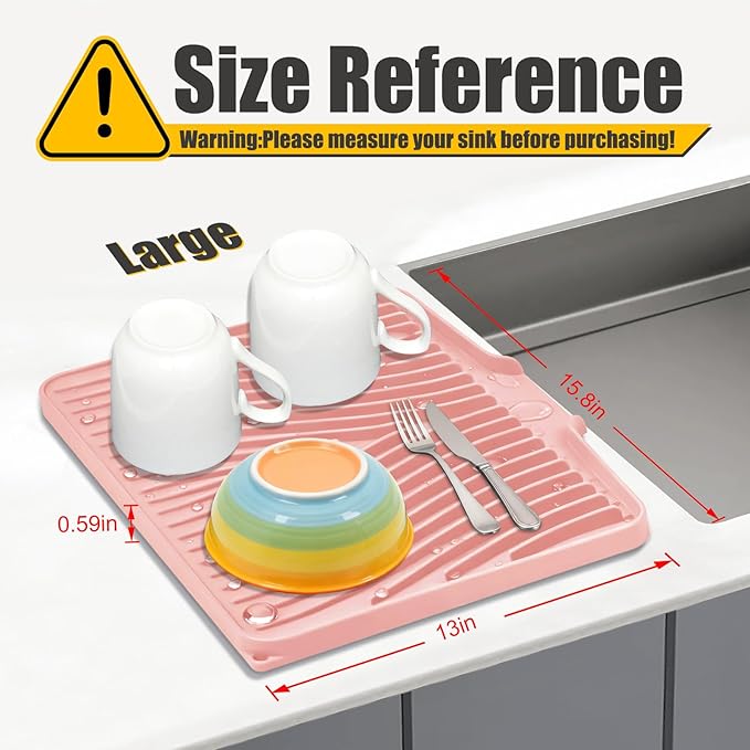 Silicone Dish Drying Mat for Kitchen Counter, Dish Drying Pad, Non-Slip Drain Pad with Built-in Drain, Heat Resistant Stone Drying Mat(15.8" x 13", Pink)