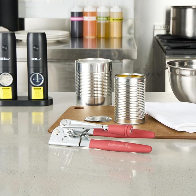 Restaurantware Stainless Steel Magnetic Manual Can Opener - 6 Pack - German Standard Red Crank Can Opener with Magnet, Ergonomic Handles, Non-Slip - Heavy-Duty Hand Can Opener, Easy Turn, Sharp Blade