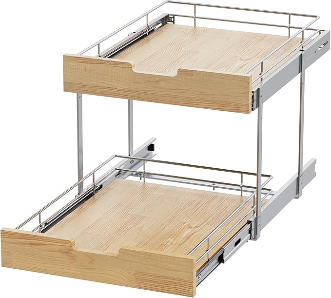 Pull Out Cabinet Organizer,Heavy-Duty Slide Out Shelf, Wood and Wire Basket, Pull Out Drawer for for Kitchen Under Sink Space, Pantry, Bathroom, 2 Tie 17 * 21 in