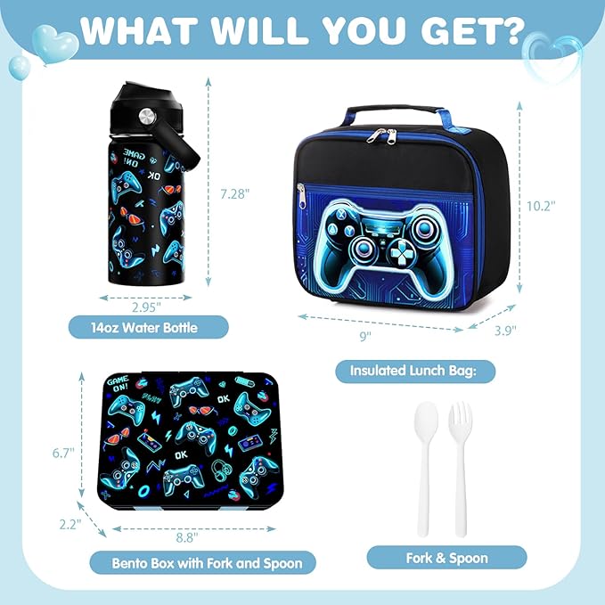 Bevalsa Kids Bento Lunch Box with 6 Compartment, Stainless Steel Metal Water Bottle, Insulated Bag & Utensils, BPA-Free Leakproof Food Container for School Boys Girls, Back To School Gift