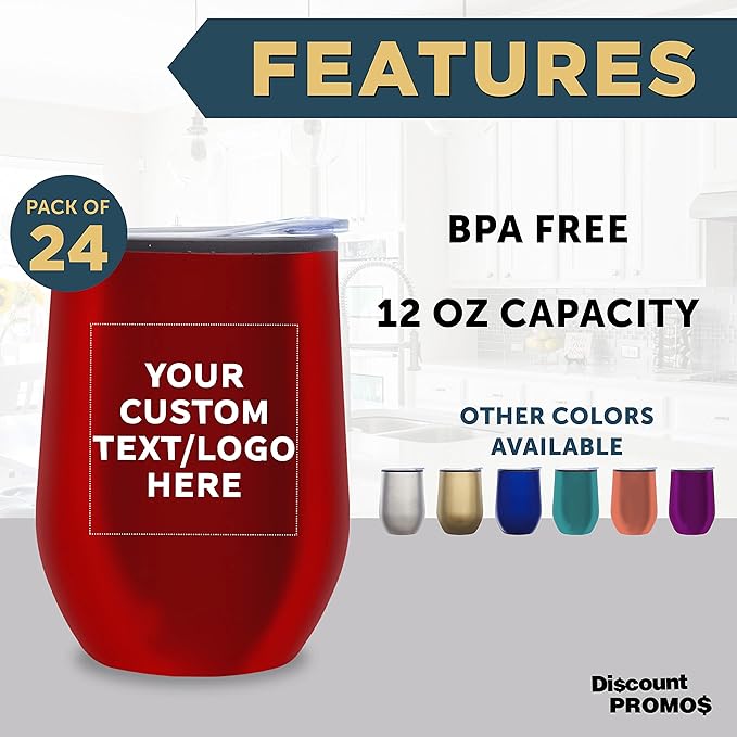 Custom Stemless Wine Tumblers 12 oz. Set of 24, Personalized Bulk Pack - Insulated, Perfect for Wine, Cocktails, Other Hot & Cold Beverages - Red