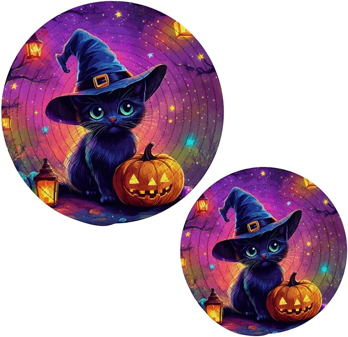 Cute Cat with Witch Hat Kitchen Trivets Pot Holders Set of 2, Trivets for Hot Pots Dishes Woven Trivet Coaster Pad Mat for Counter