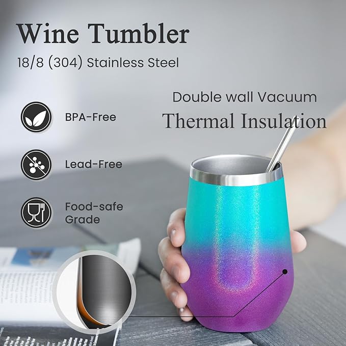 MEWAY Stainless Steel Wine Tumbler with Lid and Straw 12oz - Stemless Insulated Wine Cup Glass for Coffee,Cocktails,Champagne, and Office Use, Ideal for Parties and Gifts(Glitter Aurora,Set of 8)