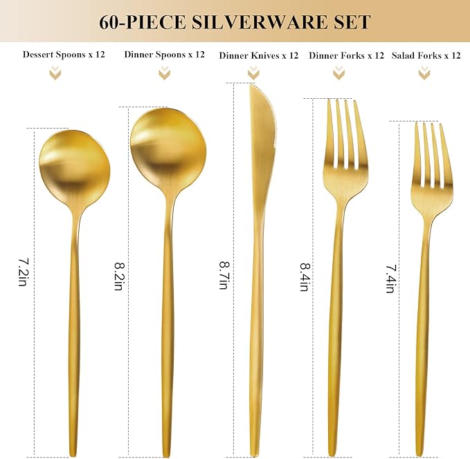 MIKIWAY 60-Piece Stainless Steel Flatware Set, Matte Golden Cutlery, Includes Spoons, Forks, Dishwasher Safe