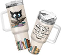 34HD Black Cat Mom Tumbler with Handle and Straw, 40oz Book Themed Cup Stainless Steel, Bookworm Coffee Mug, Cat and Book Birthday Gifts for Women Men Friends