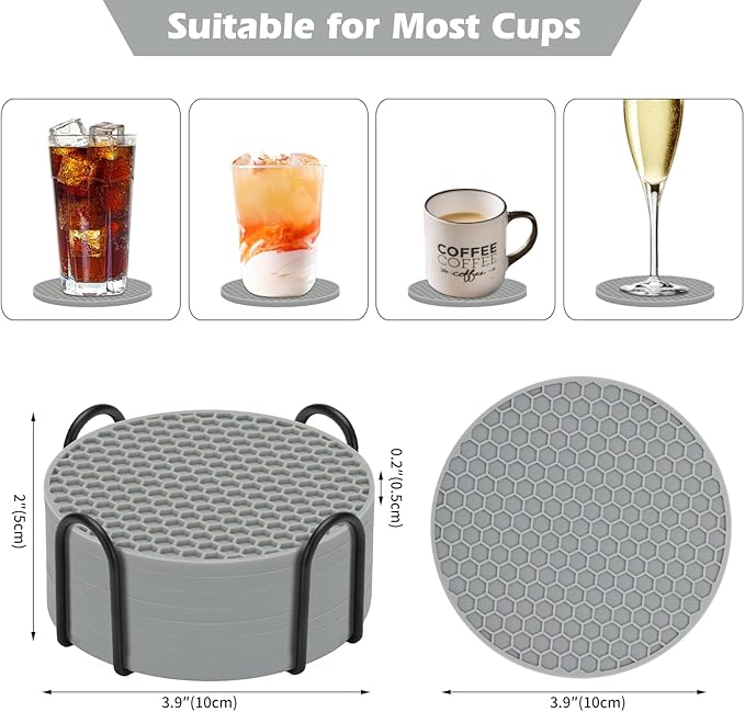 Silicone Coaster Set of 16 with Holder, Drinks Coasters, Suitable for Hot or Cold Cups, Anti-Slip, Non-Stick, Anti-Overflow Tabletop Protection and Decor (Gray, 16 Pcs)