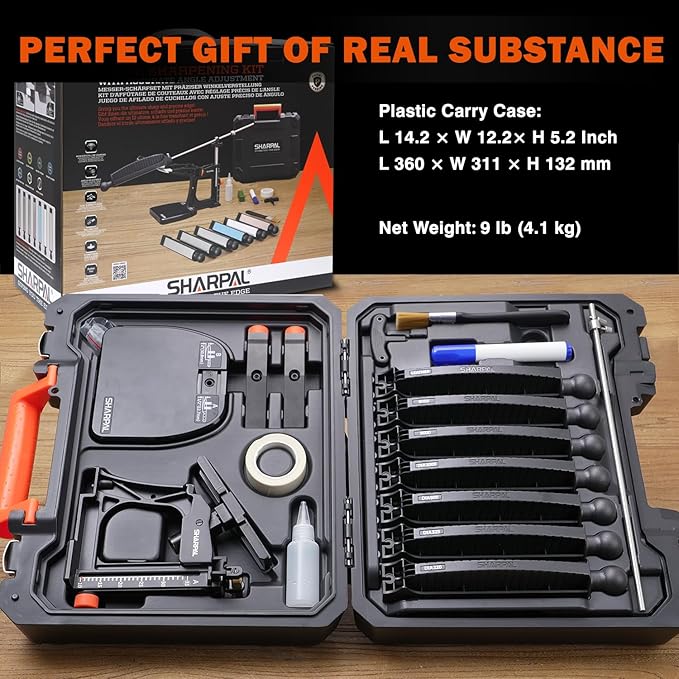 SHARPAL 202H Precision Knife Sharpening System–Adjustable Angle 10–35° Knife Sharpener Kit with 7 Abrasive Plates (Diamond 220/325/600/1000, Whetstone 3000/6000, Leather Strop) and Giftable Carry Case