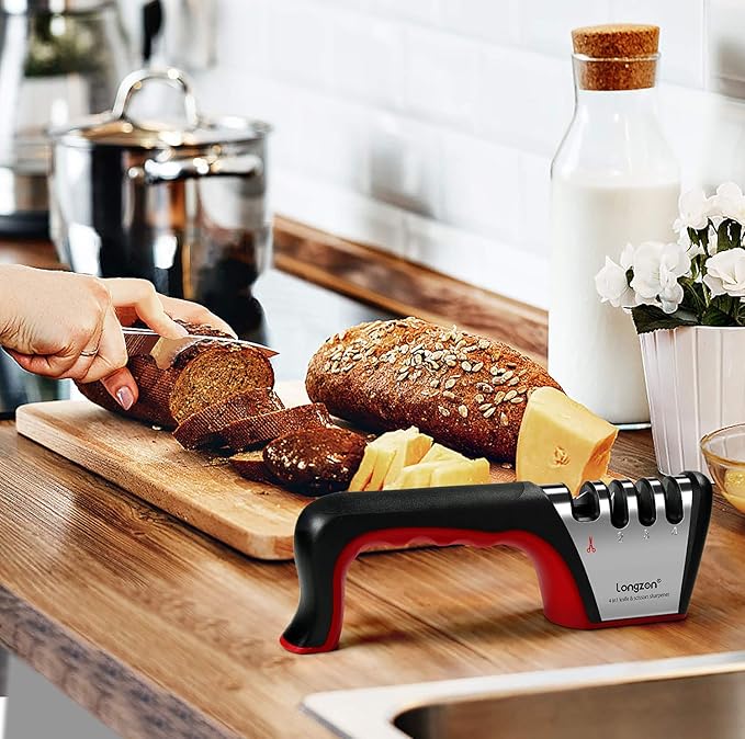 Longzon 4-in-1 Knife Sharpener [4 Stage] with a Pair of Cut-Resistant Glove, Original Premium Polish Blades, Best Kitchen Knife Sharpener Really Works for Fruit and Steel Knives, Scissors