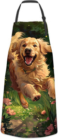 Playful Golden Retriever Apron for Women Men, Cooking BBQ Chef Polyester Lightweight Joyful Running Dog Aprons with Pockets for Baking Kitchen Gardening Cleaning, Adjustable, 28×33inch
