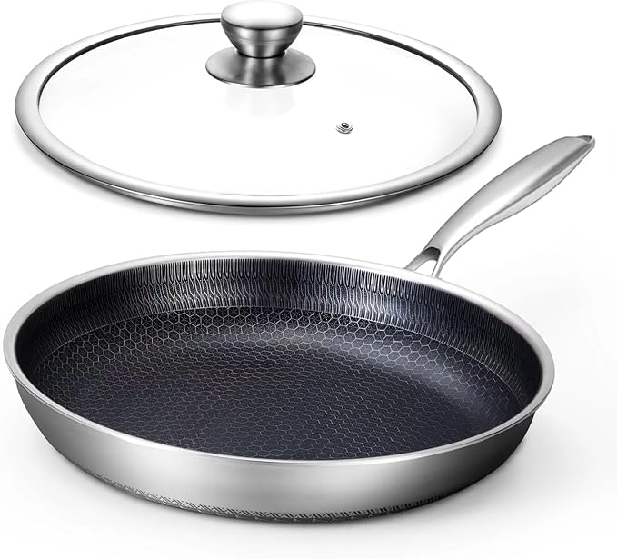 Non Stick Frying Pans, Hybrid 12 Inch Frying Pans Nonstick with Lid, Stainless Steel Skillets Chef Cookware, PFOA Free, Works on Induction,Ceramic,Gas Cooktops and Ovens