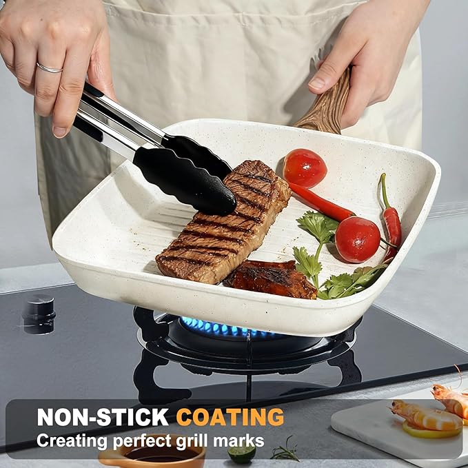 3 Pieces Nonstick Grill Pan Set – Square Griddle Pans with Wooden Handle, Compatible with All Stovetops, Perfect for Steak, BBQ, Vegetables (9.5", 10.2", 11") Ivory