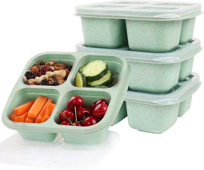 4 Pack Snack Containers, 4 Compartments Snackle Box Container, Meal Prep Reusable Lunchable Container for Adults, Microwave Dishwasher Safe, Food Storage Containers for Work Travel