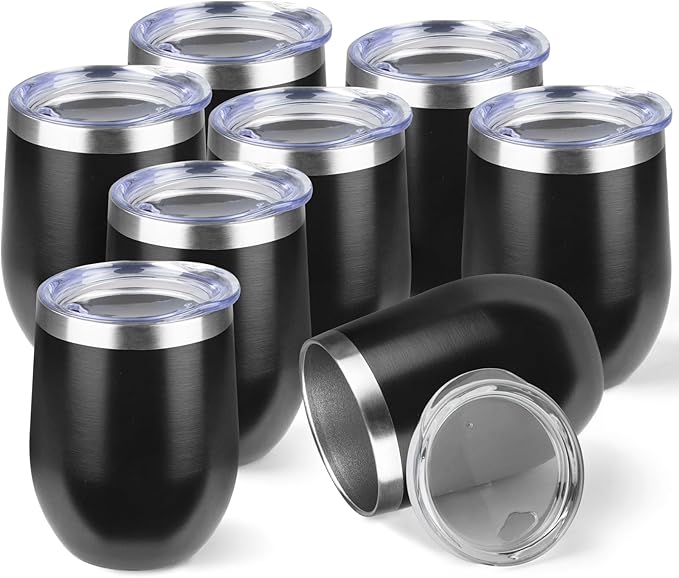 StarSpeed 12oz/8 Pack Wine Tumbler with lid, Stainless Steel Travel Mugs Stemless Double Wall Insulated Coffee Cup, Insulated Wine Glasses Travel Tumbler for Cold & Hot Drinks(Black, 8)
